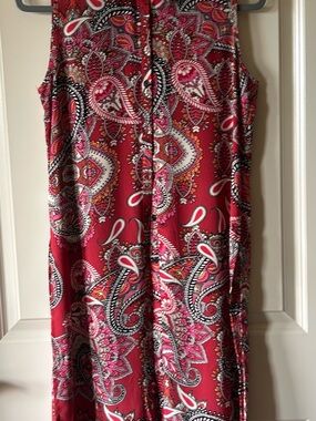 Red Paisley Sleeveless Midi Dress with Pink & White Motif- Max Studio